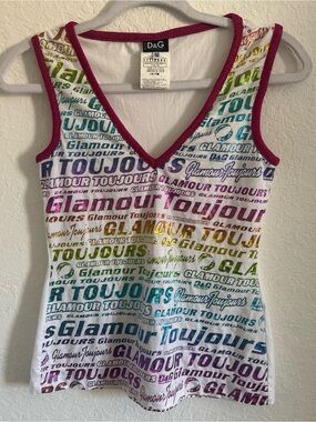 D&G White Tank Top with Rainbow Logo and Magenta Trim